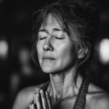 Группа людей зрелого возраста занимается йогой