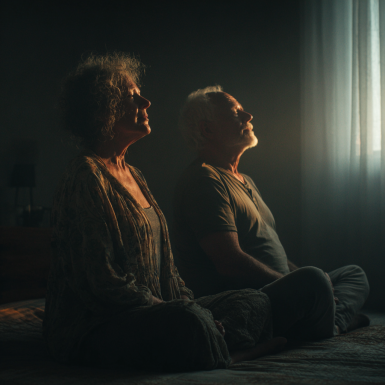 Группа людей зрелого возраста на занятии йогой